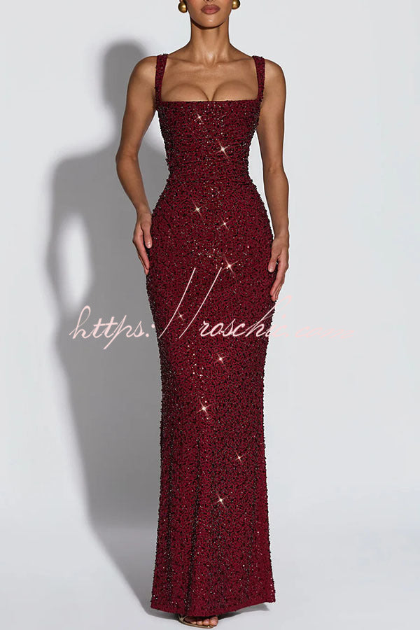 Calanthe Sequin Embellished Chiffon Ruched Square Neck Back Lace-up Maxi Dress