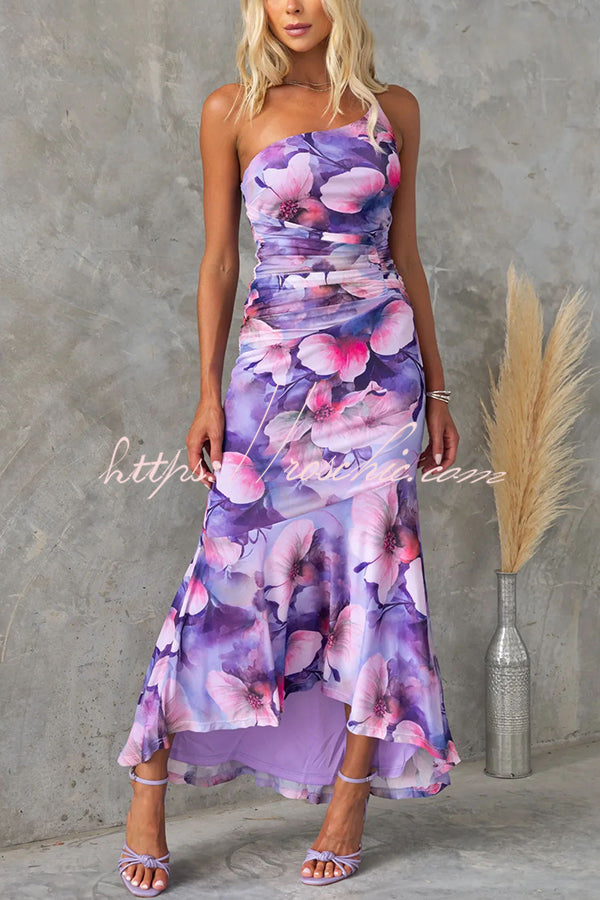 Deja Mesh Overlay Floral Print One Shoulder Ruched Stretch Maxi Dress roschic Deja Mesh Overlay Floral Print One Shoulder Ruched Stretch Maxi Dress roschic