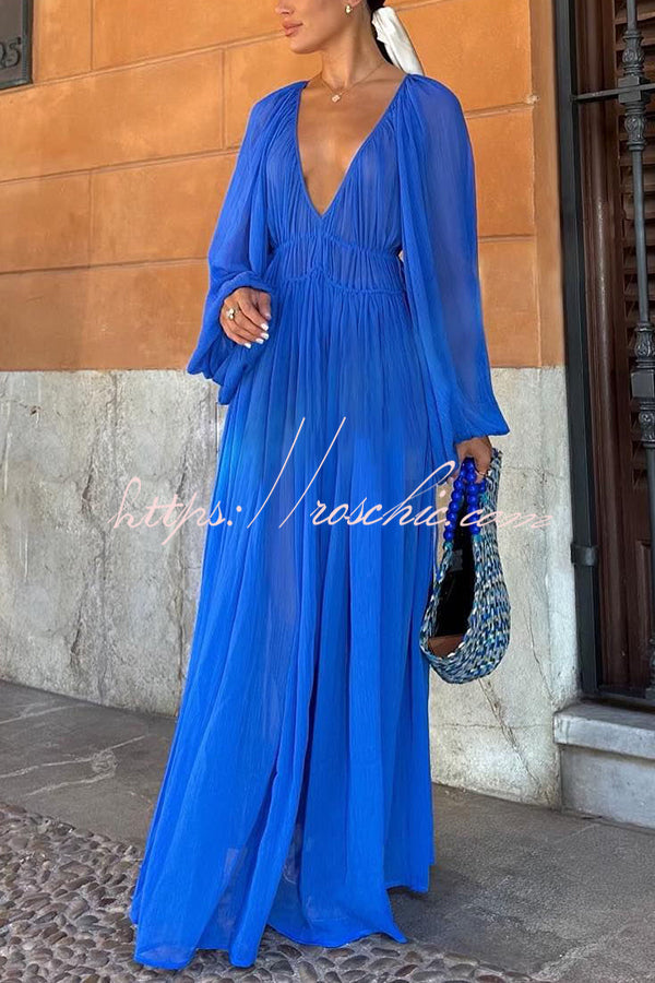 Blue Gemstone Chiffon Ruched Gathered Waist Maxi Dress