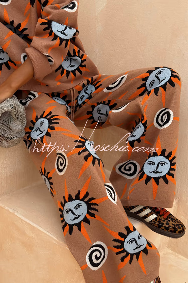 Mediterranean Art Knit Unique Sun Vortex Print Elastic Waist Wide Leg Pants