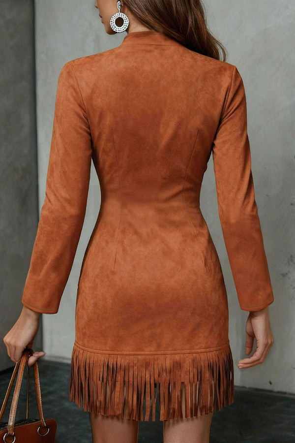 Stylish Suede Tassel Long-sleeved Slim-fit Mini Dress – roschic