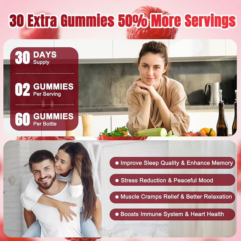 Magnesium Glycinate Gummies 600mg, Zzz & Relaxation, High Absorption, Raspberry Flavor, 60 Count, Supports Muscles, Bones & Energy, Vegan, Sugar Free