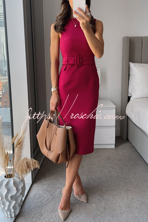 Feel Formal Belted Tailored Stretch Pencil Midi Dress