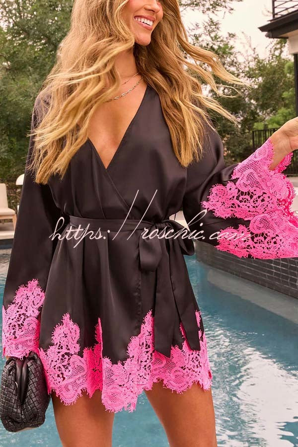 Joyful Bond Satin Lace Trim Contrast Color Bell Sleeve Tie-up Kimono Mini Dress