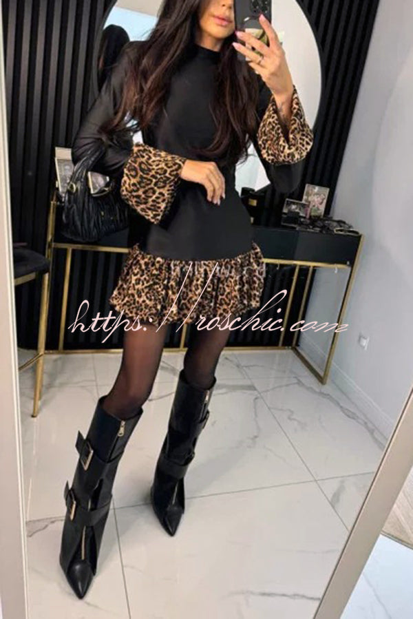 Fashionable Splicing Leopard Print Bell Sleeve Stretch Mini Dress