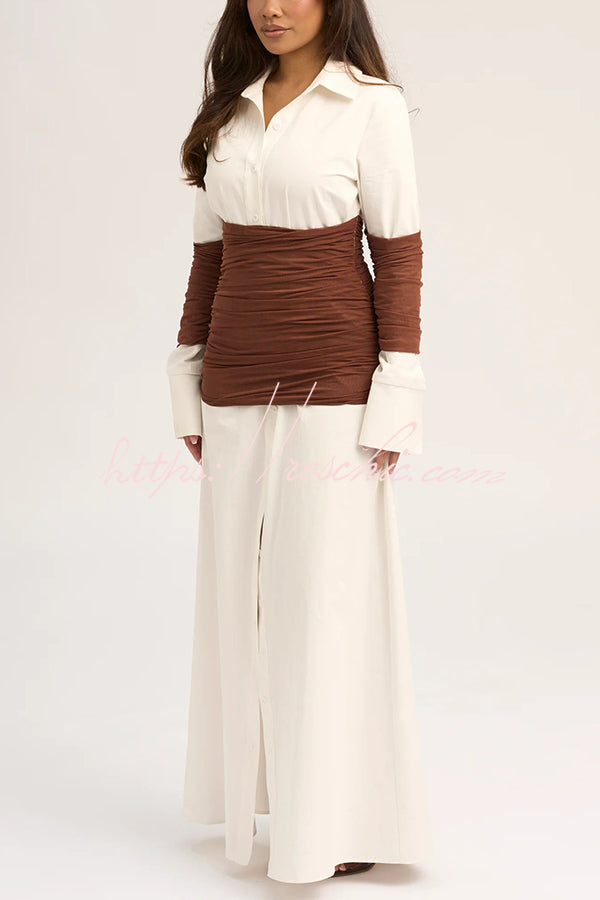 Fashionable Pleated Contrast Patchwork Waist Long Sleeve Button Shirt Maxi Dress