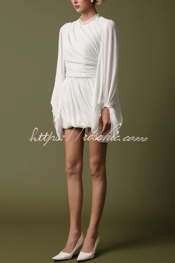 Solid Color Round Neck Lantern Long Sleeve Pleated Casual Mini Dress
