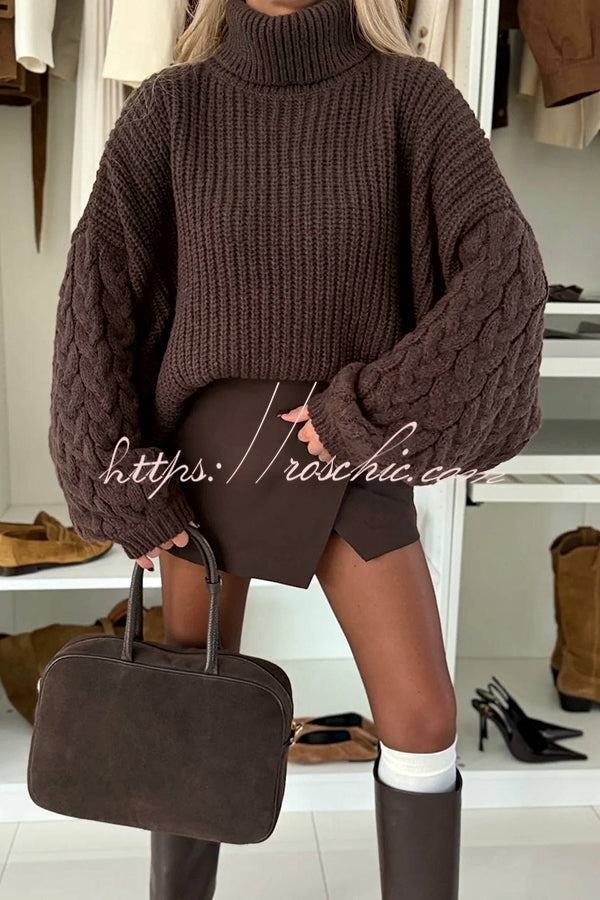 Stylish and Comfortable Ribbed Knit Turtleneck Cable Sleeve Loose Sweater