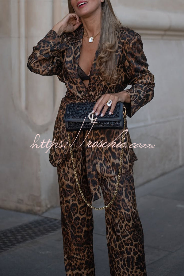 Chic View Leopard Print Tie-up Waist Lapel Blazer and Elastic Waist Loose Pants Set