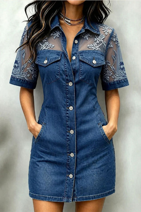 Embroidered Lace Mesh Panel Denim Mini Dress