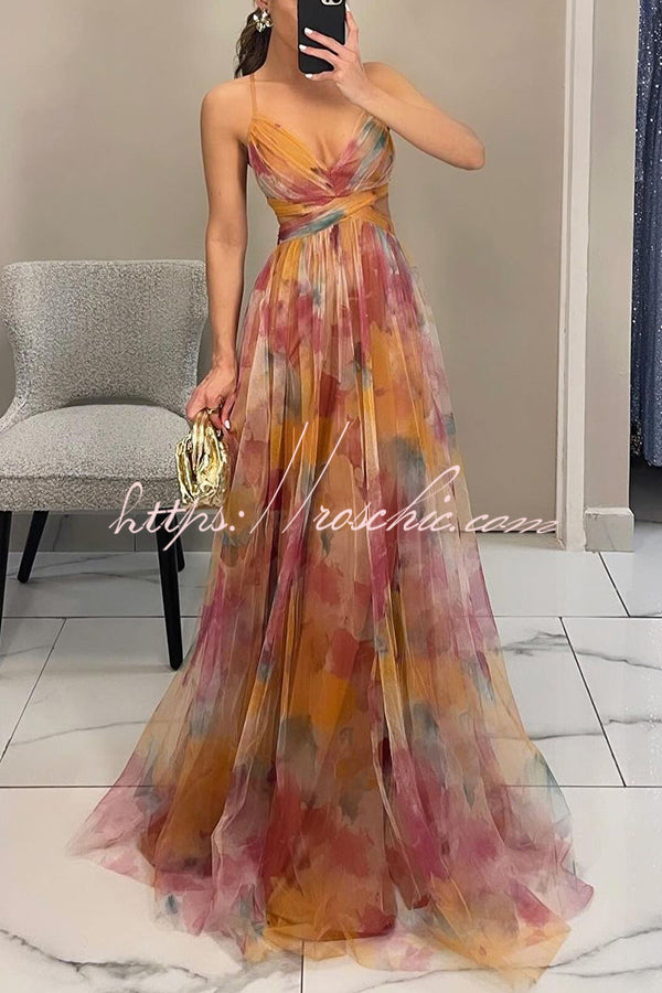 Giselle Tulle Render Floral Print Cutout Waist Back Lace-up Maxi Dress Giselle Tulle Render Floral Print Cutout Waist Back Lace-up Maxi Dress
