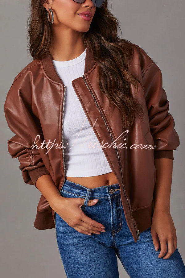 Solid Color Long Sleeve Loose Pocket Leather Jacket