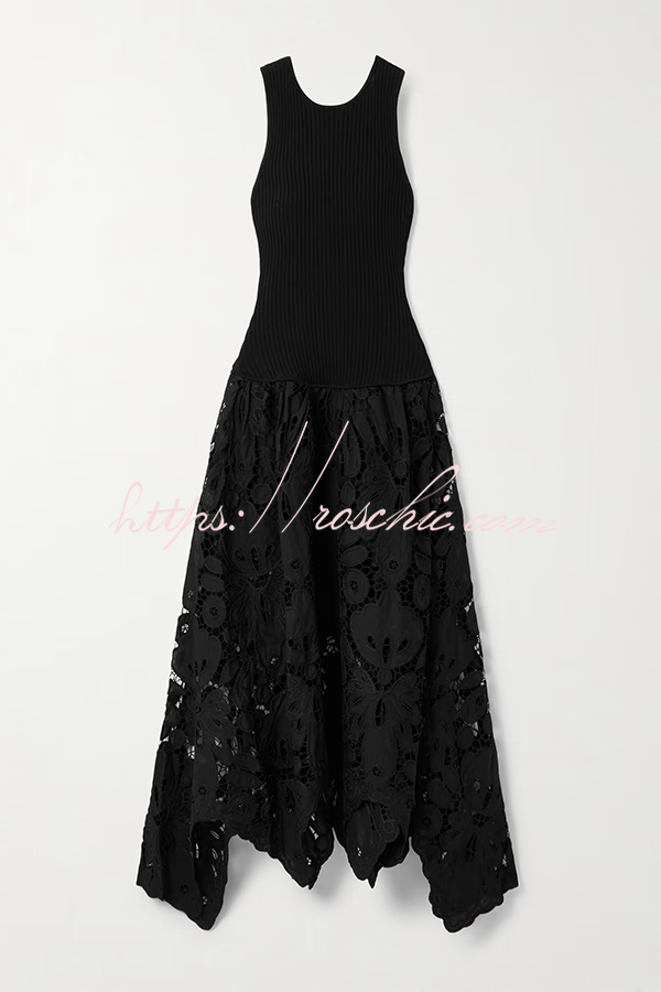 Atlas Asymmetric Ribbed-knit and Guipure Lace Back Zipper Midi Dress