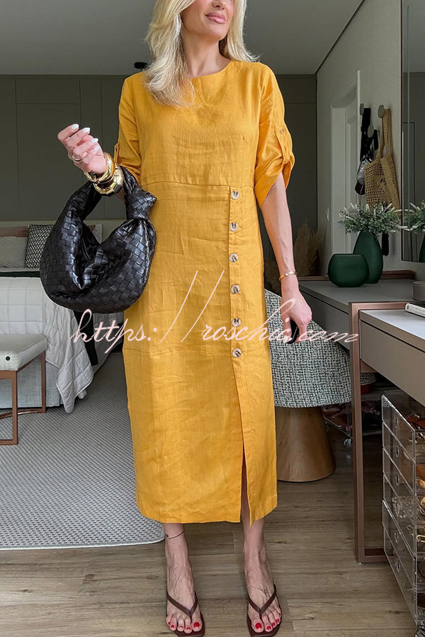 Ultra-comfortable Linen Blend Half Sleeve Front Button Detail Relaxed Pocket Midi Dress