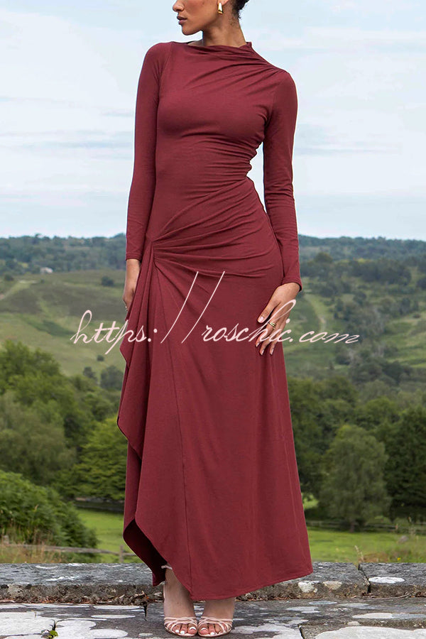 Venus Long Sleeve Ruched Side Slit Drape Ruffles Back Lace-up Stretch Maxi Dress