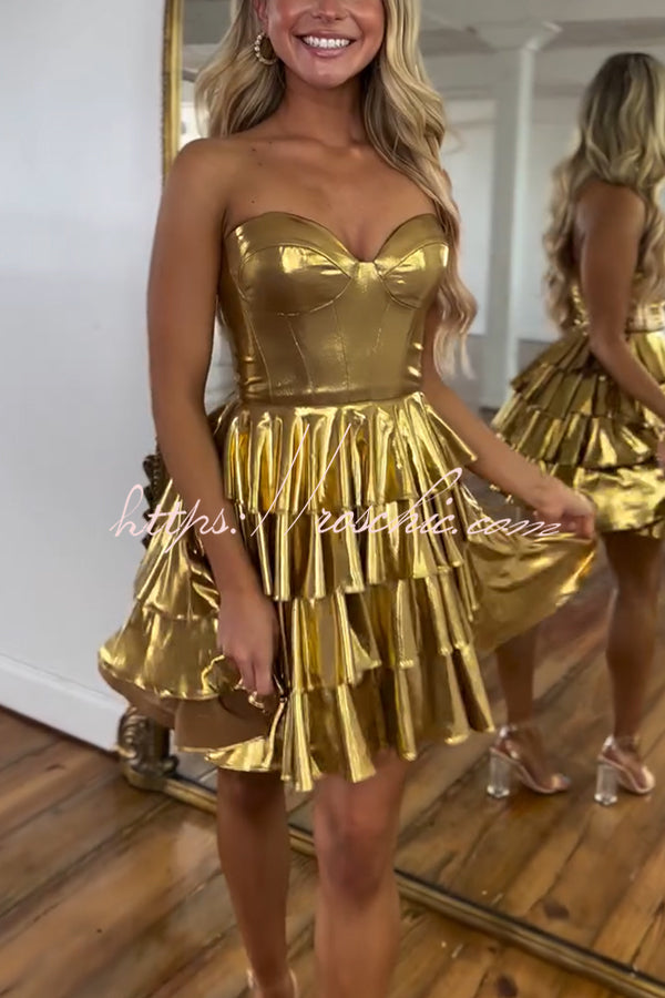 Like A Princess Metallic Fabric Off Shoulder Layered Rusffles Mini Dress