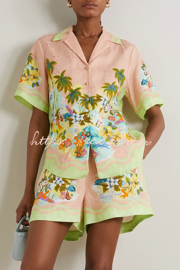 Coconut Scenery Linen Blend Tropical Print Blouse and Elastic Waist Pocketed Shorts Set