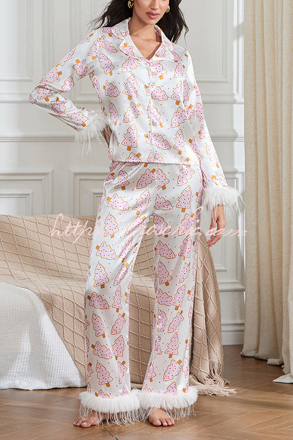 Christmas Print Feather Trim Elastic Waist Pocket Pajama Set