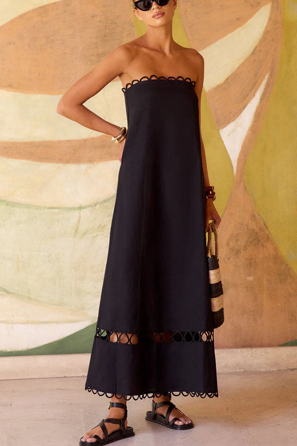 Gina Linen Blend Scallop Cutout Trim Strapless A-line Midi Dress, Black / M Gina Linen Blend Scallop Cutout Trim Strapless A-line Midi Dress, Black / M