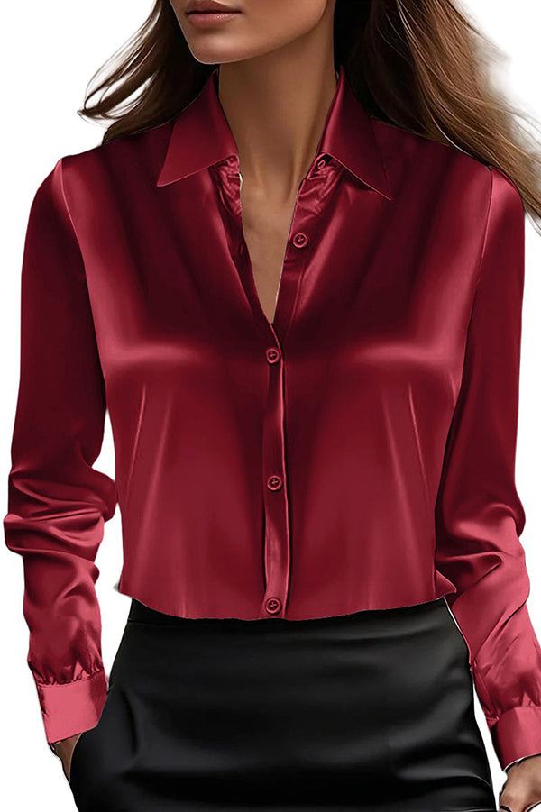 Satin Solid Color Lapel Long Sleeve Casual Shirt