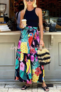 Tropical Flowers and Birds Print Loose Holiday Maxi Skirt