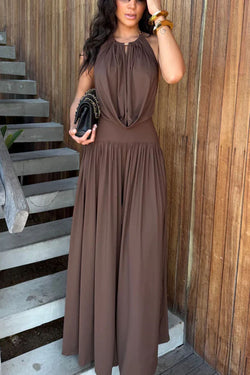 Lightweight Chic Metal Ring Drape Cowl Halter Neck Bodysuit and Elastic Waist Wide Leg Pants Set, Brown / XL