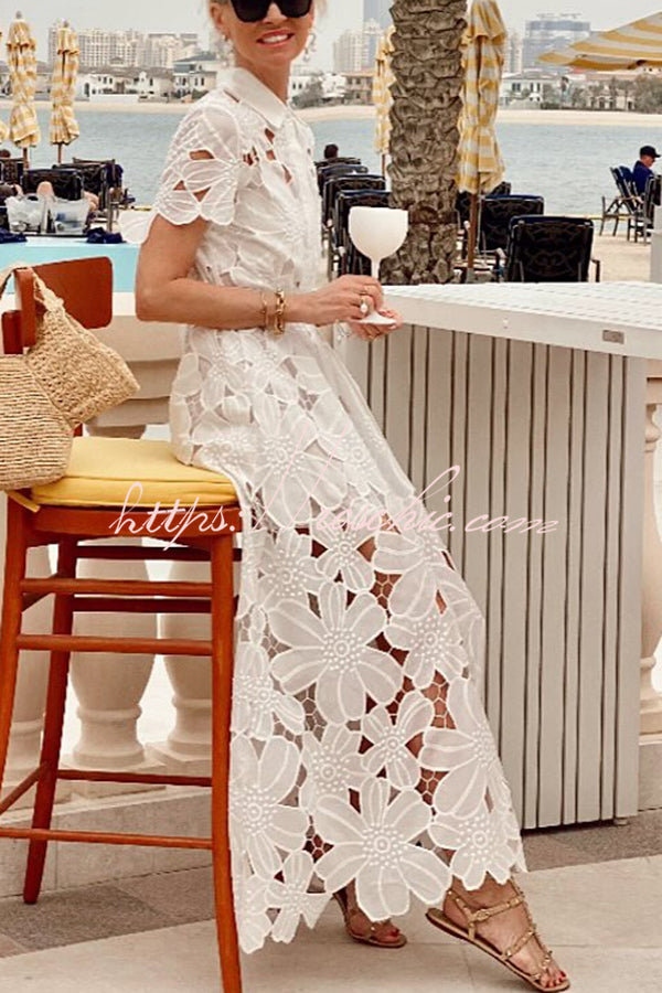 Dubai Style Floral Crochet Lace Short Sleeve Tie-up Shirt Maxi Dress –  roschic
