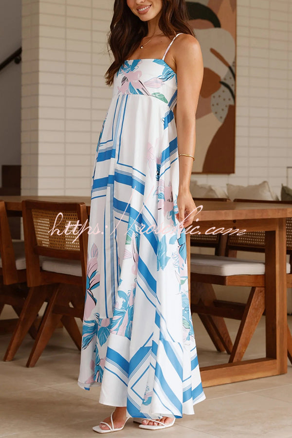 Botanical Print Halter Square Neck Pleated Loose Maxi Dress