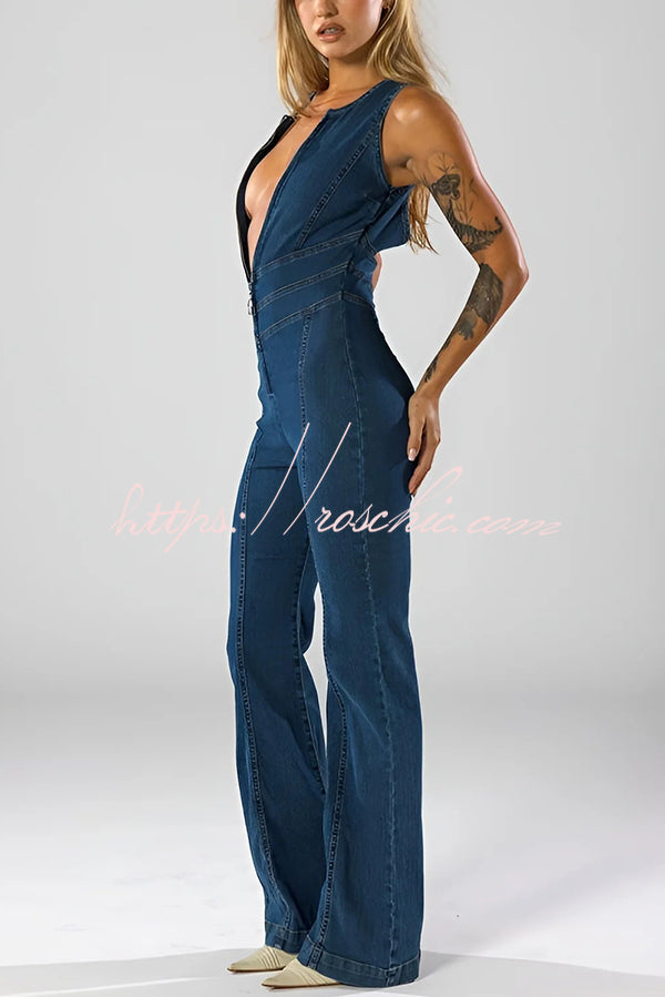 Fashionable Heart Hollow Back Slim High Waist Flared Denim Jumpsuit