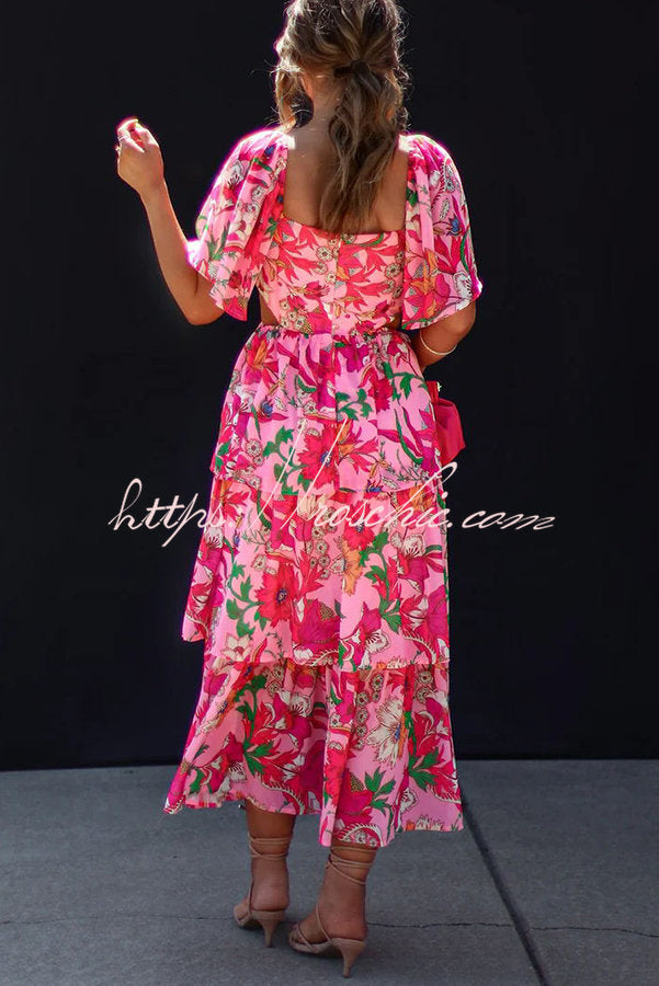 It's All Special Floral Cutout Waist Tiered Midi Dress