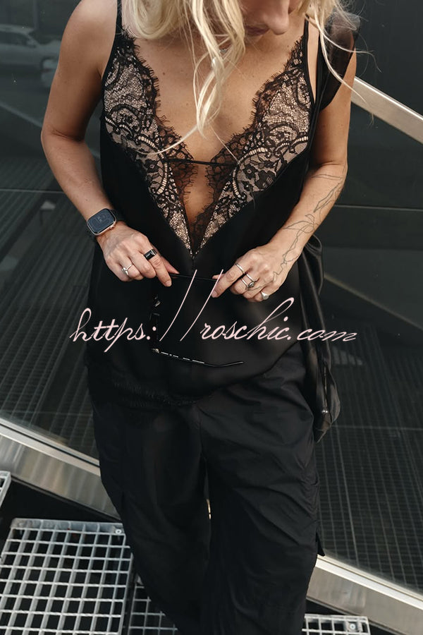 Versatile and Elegant Items Lace Petal Trim Cutout V-neck Slip Loose Tank