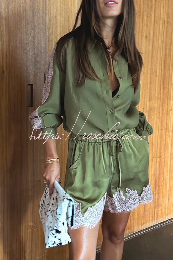 Eye-catching Work Contrast Color Satin Lace Trim Elastic Waist Pocket Shorts