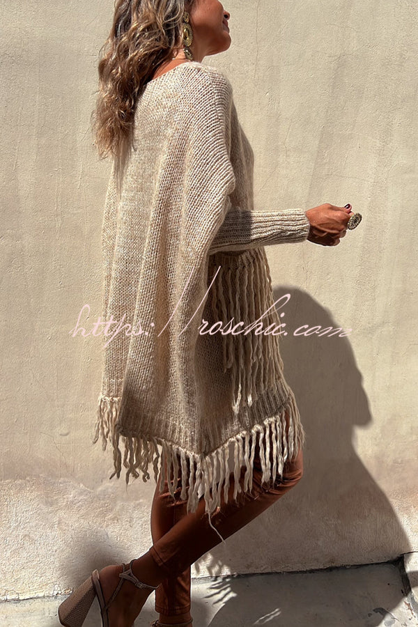 Coming with You Knit Tassel Trim Pocketed Loose Sweater-1