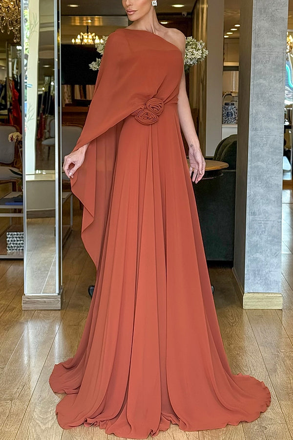 Iriena Chiffon One Shoulder Rose Decoration Waist Formal Maxi Dress roschic Iriena Chiffon One Shoulder Rose Decoration Waist Formal Maxi Dress roschic