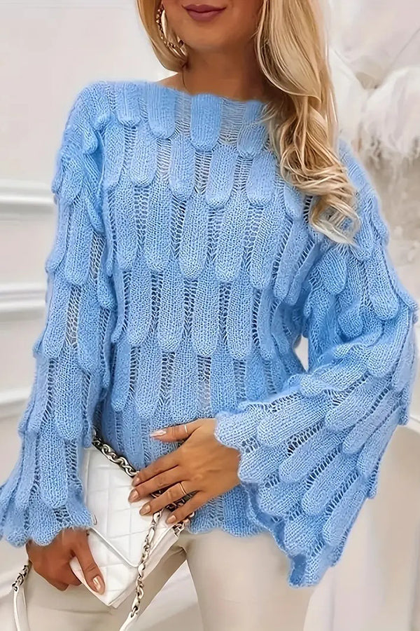 Elegant Feather Hollow Loose Bell Sleeve Knitted Sweater