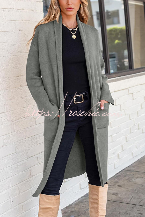 Solid Color Long-sleeved Casual Loose Pocket Mid-length Cardigan
