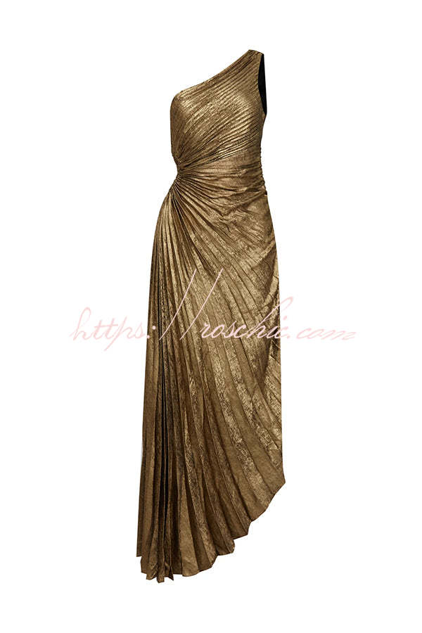 Midnight Kiss Metallic Fabric One Shoulder Cutout Pleated Maxi Dress