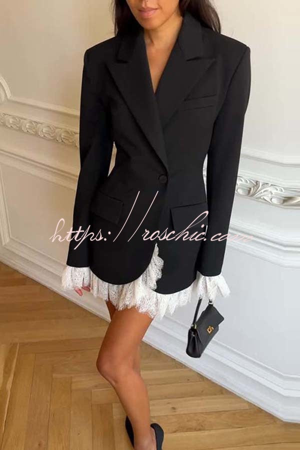 Cue The Chic Lace Trim Button Long Sleeve Lapel Blazer Mini Dress