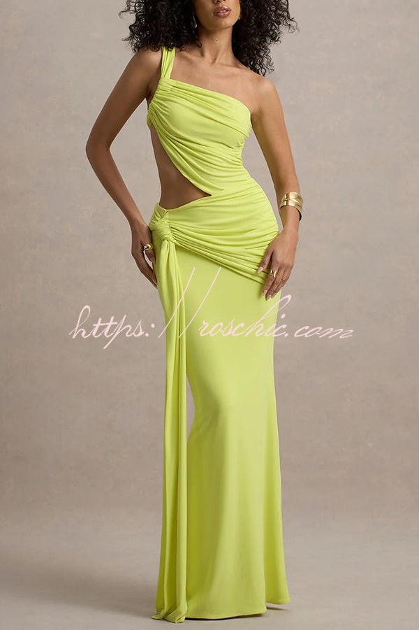 Sexy One-shoulder Backless Ribbon Pleated Slim Maxi Dress