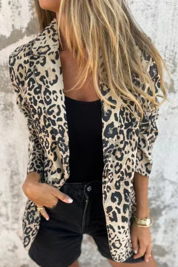 Leopard Print Lapel Long Sleeve Casual Blazer