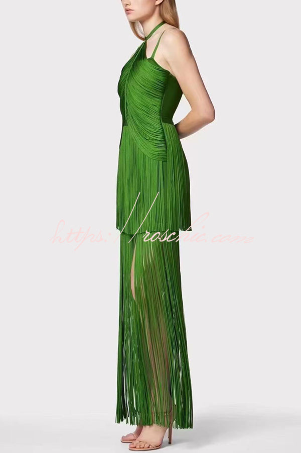 Sexy Halterneck Open Back Elegant Tassel Slim Maxi Dress