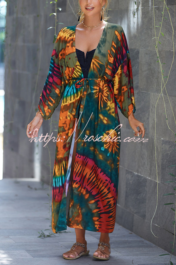 Unique Print Loose Lace Up Holiday Maxi Cover Up