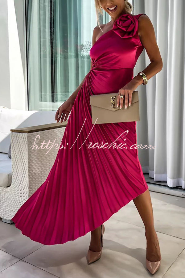 Romantic Nights Satin Raised Flower Elastic Cutout One Shoulder Pleated Maxi Dress