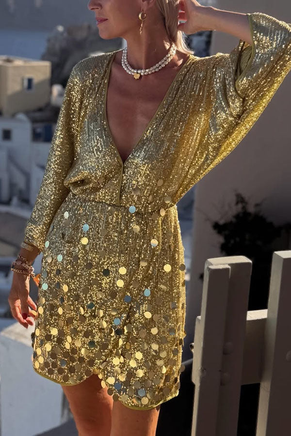 gold wrap mini dress Embroidered Sequin Wrap Mini Dress