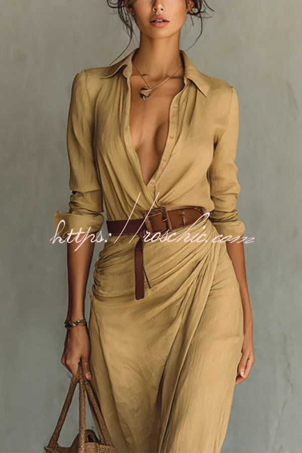 City Sleek Single Breasted Long Sleeve Warp Slit Shirt Maxi Dress
