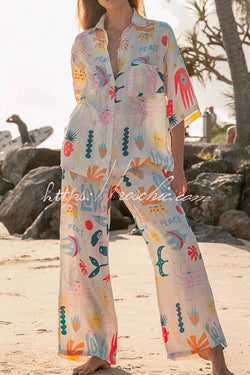 Abstract Sea Creature Print Button Pockets Elastic Waist Pant Suit