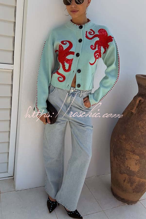 Coastal Fashion Knit Octopus Graphic Contrast Piping Button Up Loose Cardigan
