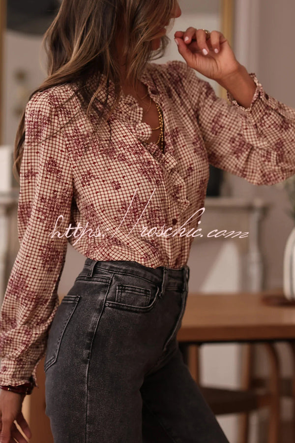 Plant Plaid Printed Long-sleeved Ruffles Casual Shirt