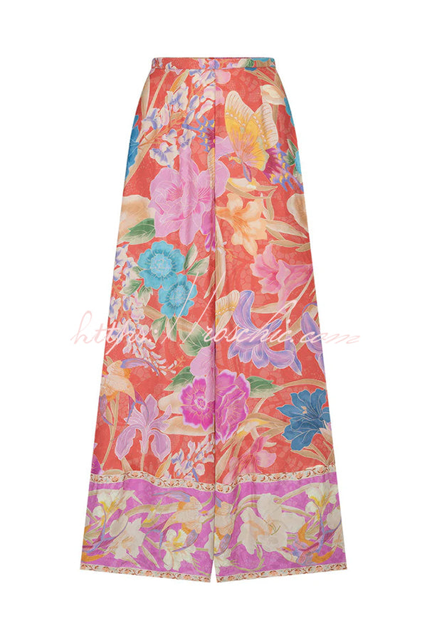 Painter's Garden Boho Floral Print  Elastic Waist Pocketed Wide Leg Pants