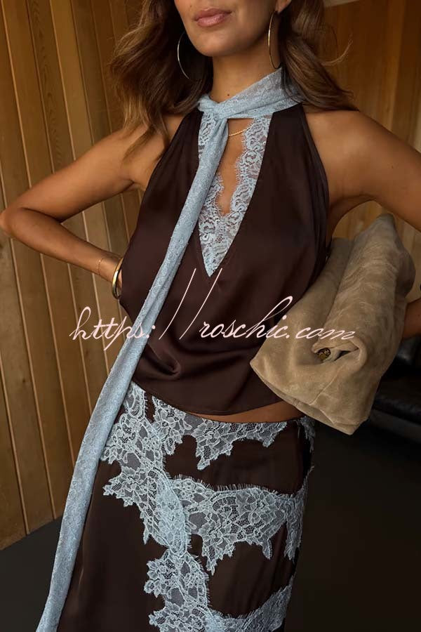 Sunday Social Contrast Color Satin Lace Trim Neck Strap Loose Tank